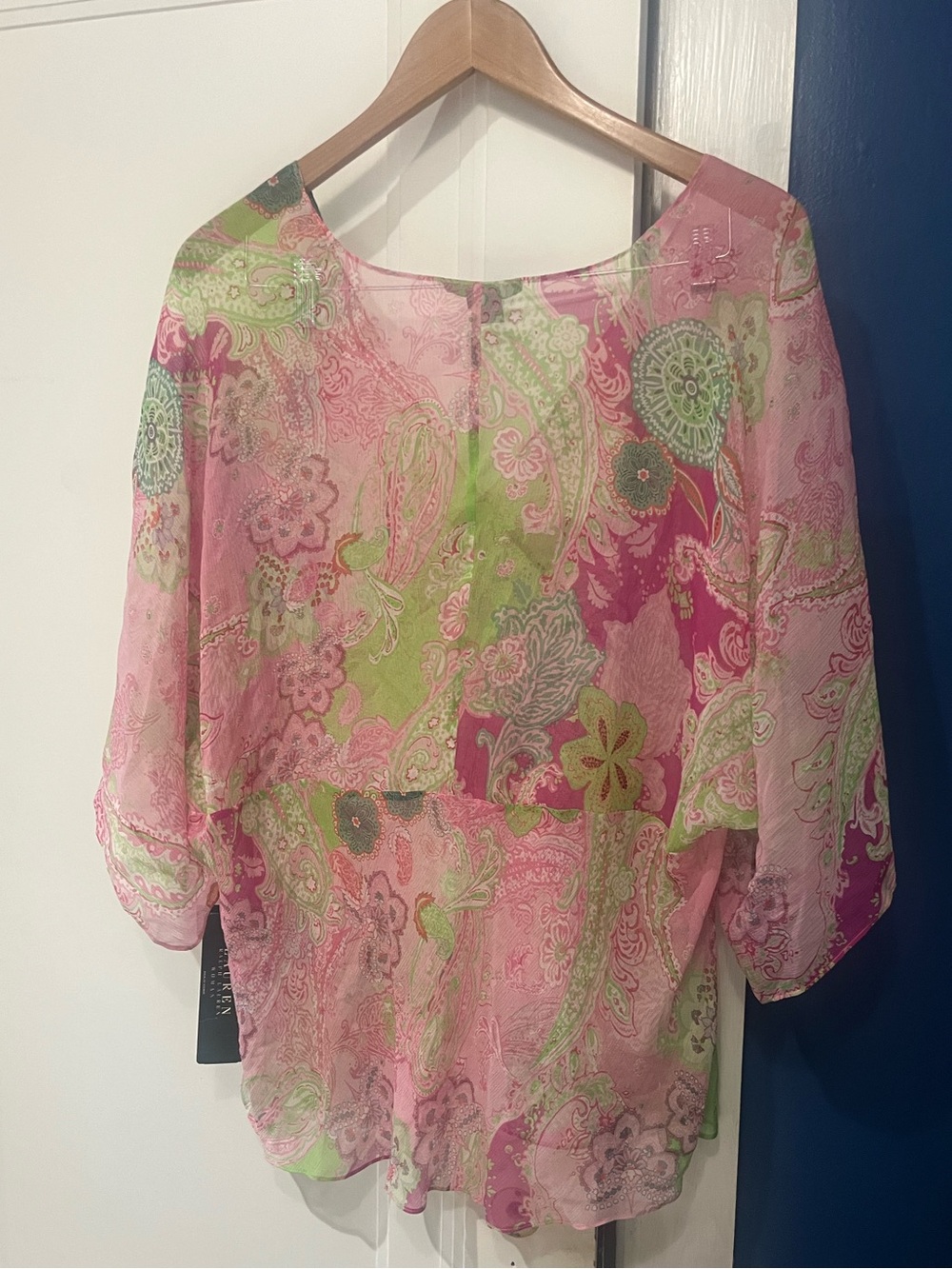 Ralph Lauren Pink and Green Paisley Sheer Blouse, 100% silk , Size, 16 - Picture 2 of 7